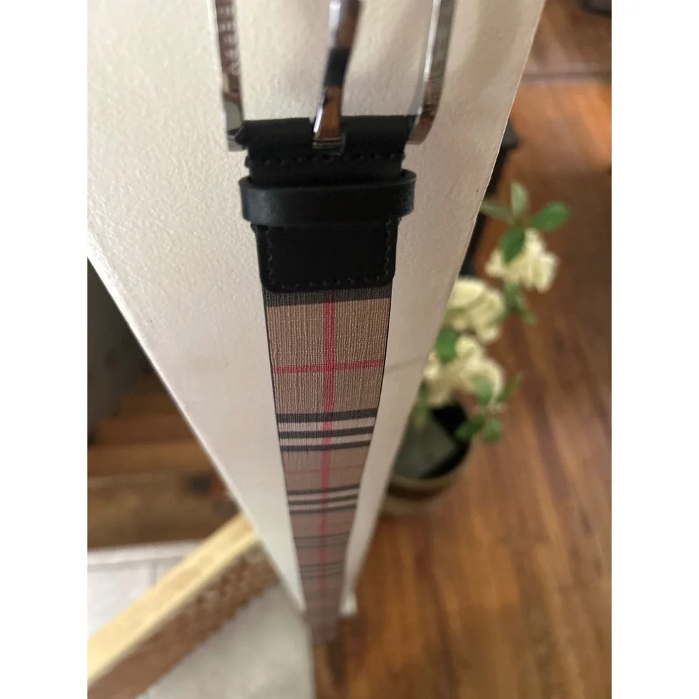 Burberry Mens House Check Leather Belt Silver Buckle Beige Black 38/95